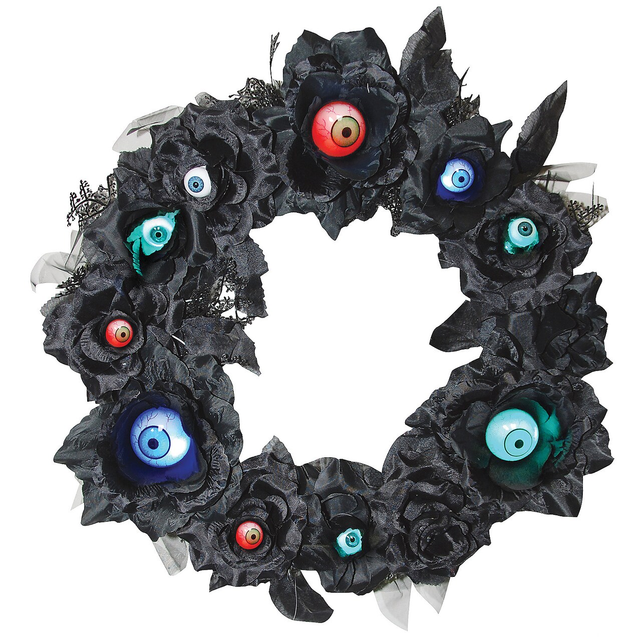15" Light Up Eyeball Halloween Wreath, Black Gothic Wreath with Glowing Eyeballs